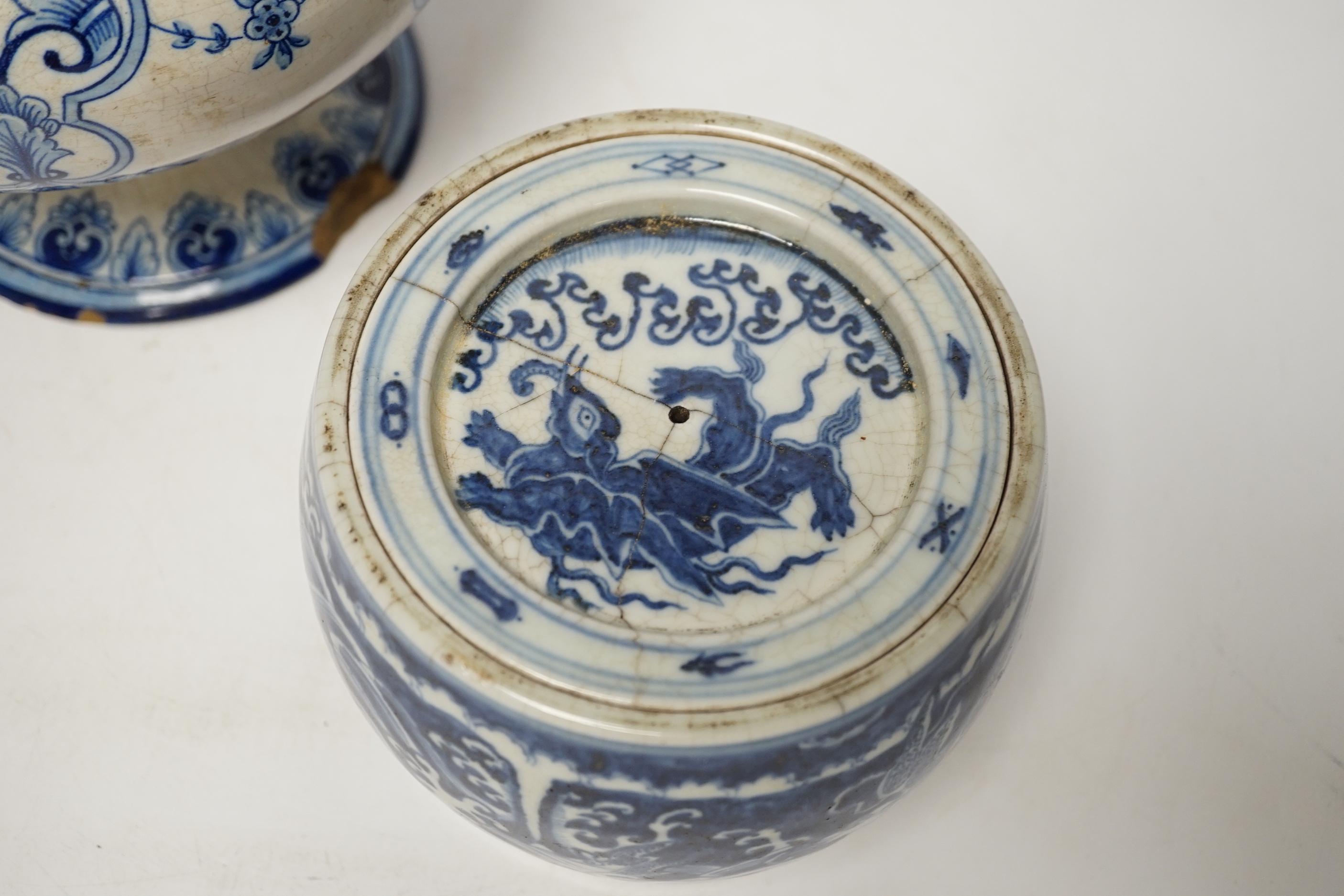 A Chinese blue and white jar and cover, Xuande mark, probably late Qing and a French faience vase (2) tallest 29.5cm